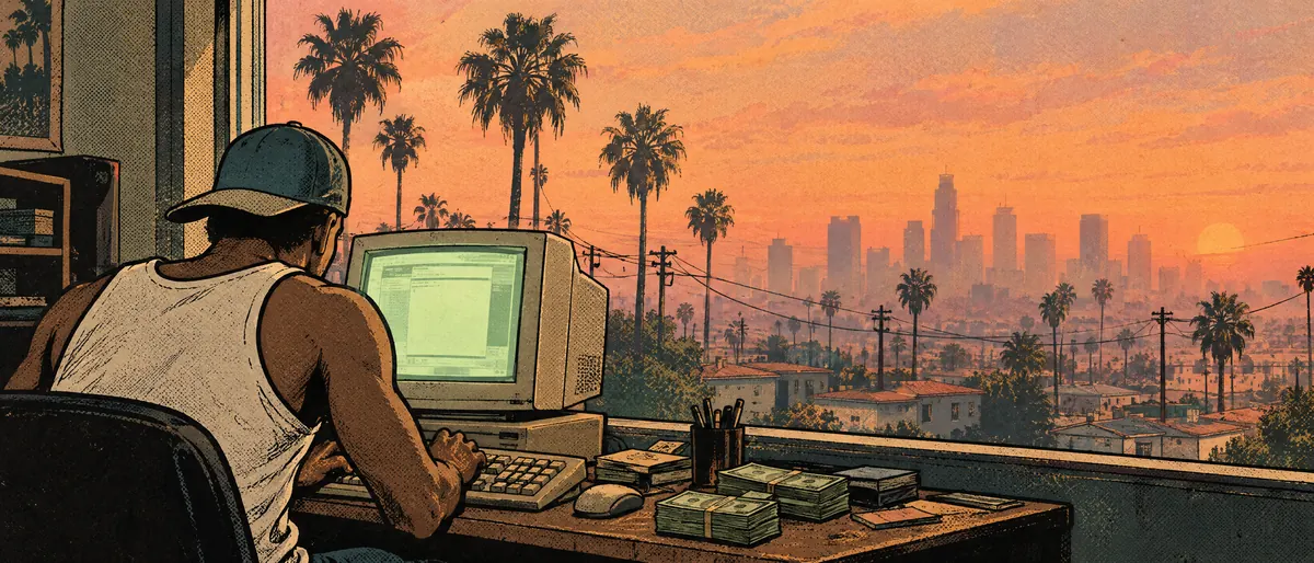 Ink and watercolour illustration: a man in a white tank top and backwards cap types on a beige keyboard at a CRT, stacks of cash on the desk, palm trees and a smoggy sunset skyline through the window.