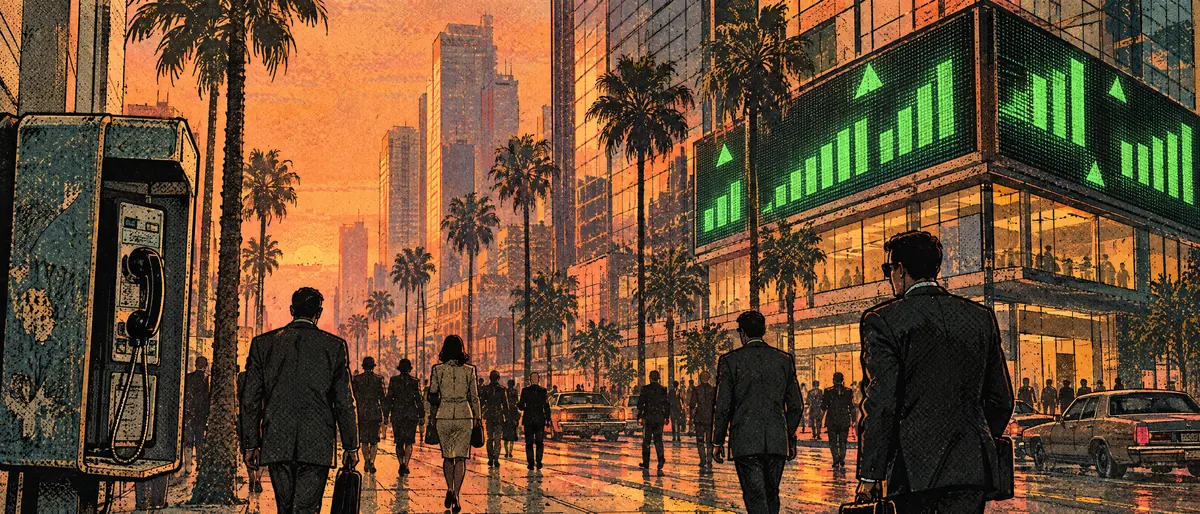 Ink and watercolour illustration: office workers walk a palm-lined downtown street at sunset under a big green stock ticker board, an old payphone in the foreground.