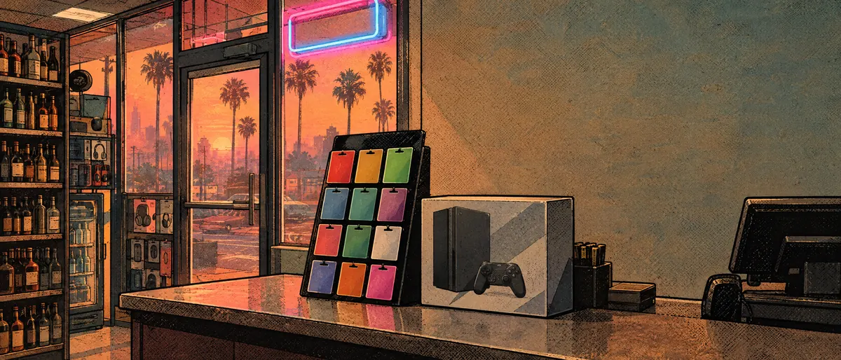 Ink and watercolour illustration: a corner store counter at dusk with a rack of blank coloured gift cards and an unbranded game console box, palm trees through the glass door.